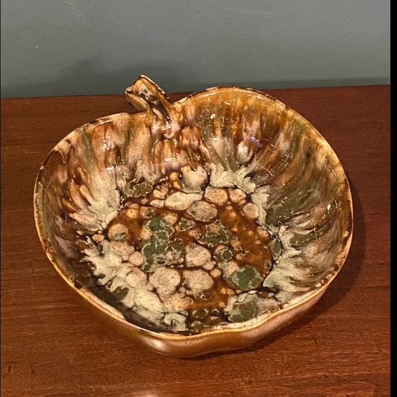 Dryden Pottery Hot Springs Ark Brown Green Drip Glaze Bowl Apple Pumpkin Vintage - Picture 2 of 5